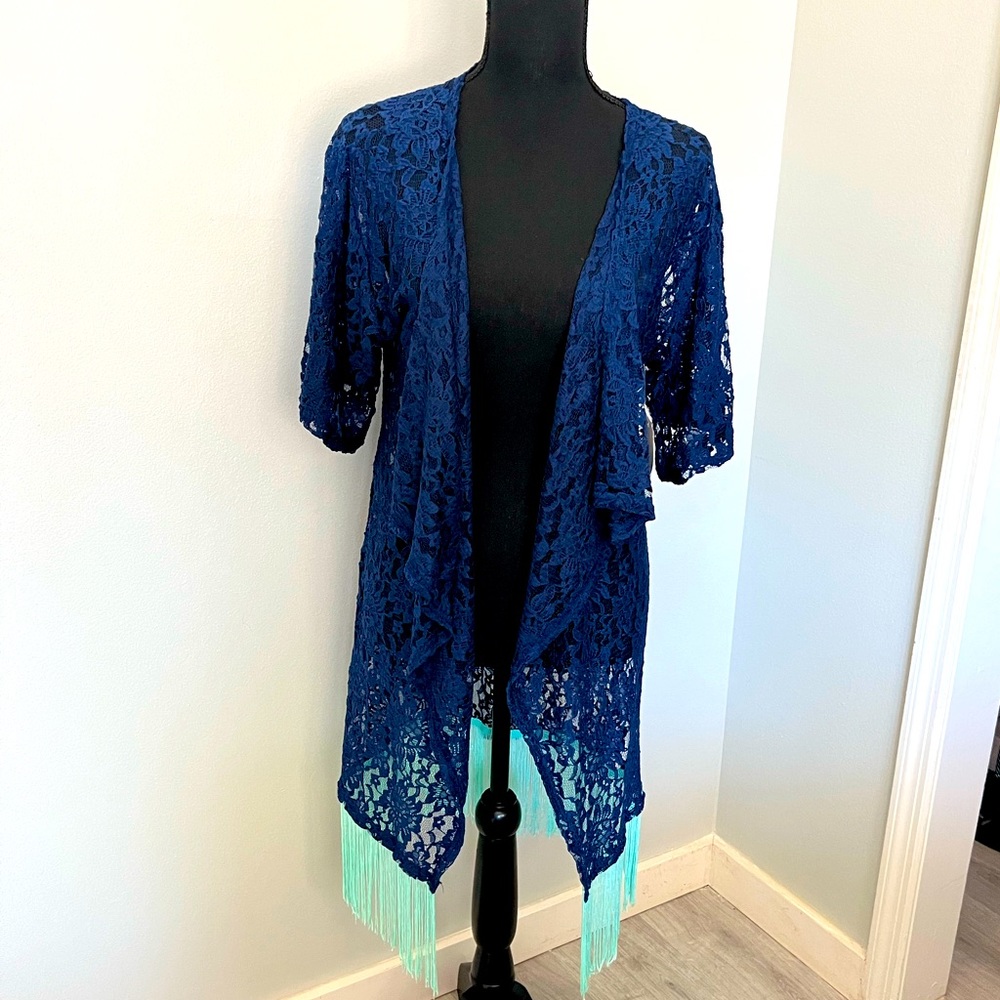LulaRoe Monroe Navy Lace Open Front Beach Kimono NWT